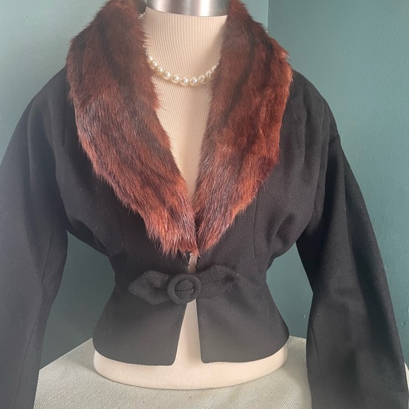 1940s style wool cropped jacket vintage mink collar - Picture 1 of 11